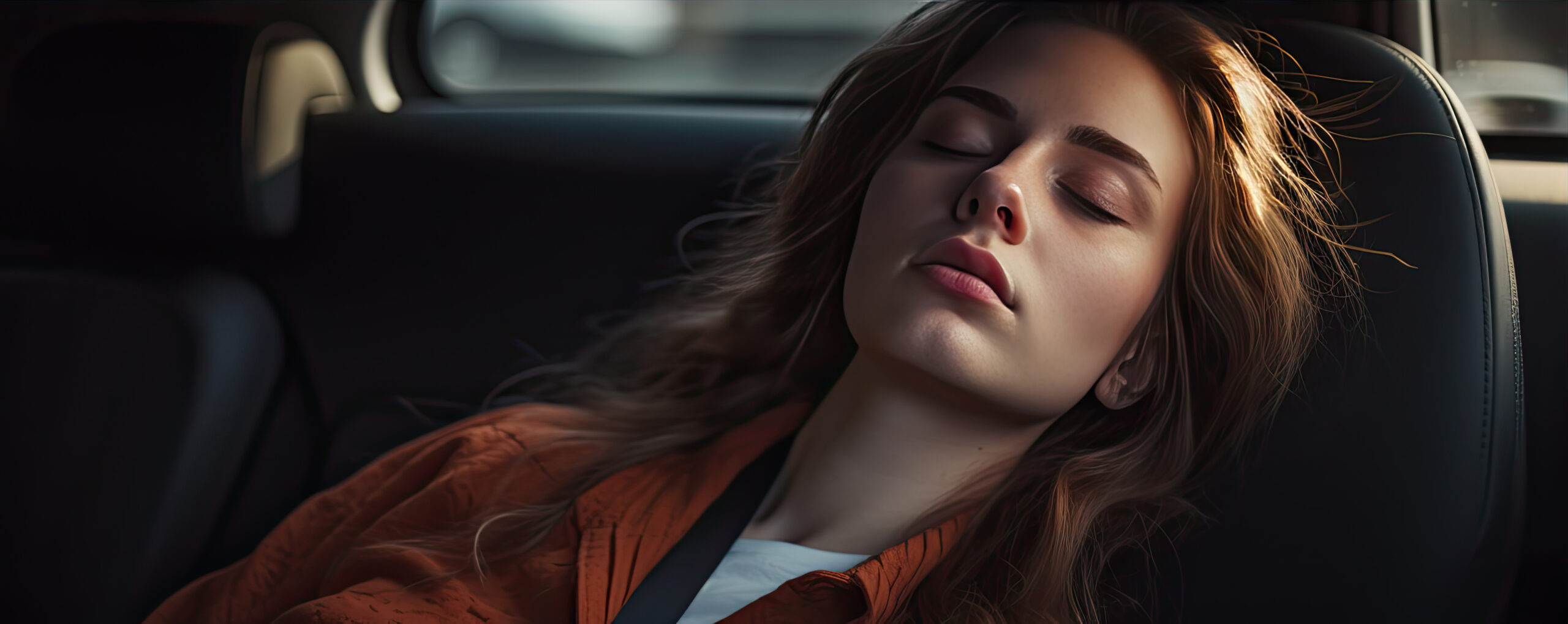 A woman with long, wavy hair, wearing an orange shirt, is peacefully sleeping in the back seat of a car. Sunlight softly illuminates her face, highlighting her serene expression.