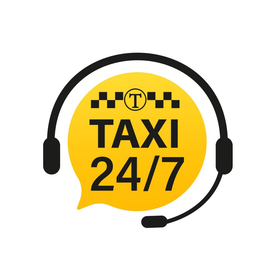 A yellow speech bubble with the word "TAXI 24/7" in bold black letters is encircled by a black headset. Above the text, there's a checkered pattern with a "T" symbol in a circle. The image suggests round-the-clock taxi service with customer support.